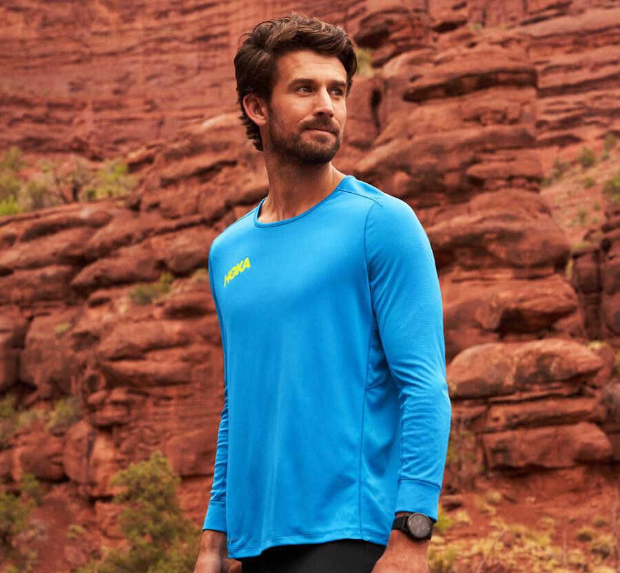 Top Hoka One One Hombre Azules - Performance 3/4 Sleeve - EWFJ41059